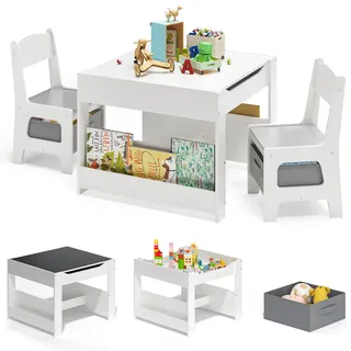 Xbro Kindertisch mit 2 Stühlen, 4 in 1 Kinder Maltisch mit Stauraum, multifunktionale Kindersitzgruppe aus Holz mit Bücherregal, für Kinder ab 3 Jahren, 61,5 × 61,5 × 48 cm, Grau