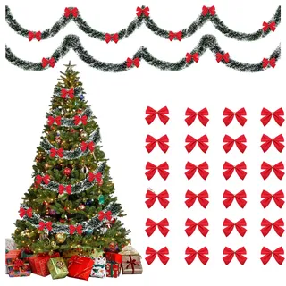 10m Weihnachtsgirlande, Kommt mit 24 roten Bändern,Girlande Weihnachten Deko, Tannengirlande mit Schnee,Grün Weiß für Außen Innen Weihnachten Dekogirlande (Grün)