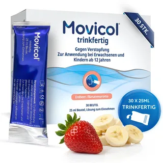 Movicol® trinkfertig, gegen Verstopfung, Erdbeer-Banane, 30x25 ml Beutel | Kein Anrühren notwendig, ideal für unterwegs, angenehm im Geschmack, nutzt den Effekt von Wasser zum Hydratisieren
