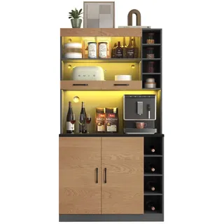 HAUSS SPOLE Küchenbuffet Küchenschrank,Highboard Sideboard mit LED-Ambiente-Beleuchtung (Küchenschrank aus Holz mit LED und viel Platz für Mikrowelle) Ohne Dekoration,100x47x187cm grau