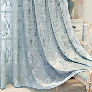 Vintage Vorhang Halbtransparent Ösen 3D Tufted Barock Gardinen Wohnzimmer | Blau Vorhäng Transparent Lichtdurchlässig Blumenmuster Ösenschals für Schlafzimmer Wohnzimmer 2er Set 140x245cm