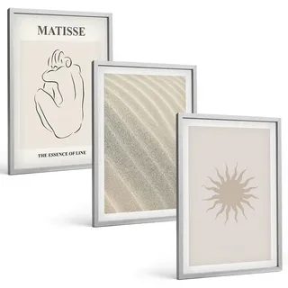 Bilder Set 3-teilig im silbergerahmten Rahmen – Wandbilder 3 Stück – gerahmte Poster für Wohnzimmer, Schlafzimmer und Flur – 40x60 cm – M... - Beige