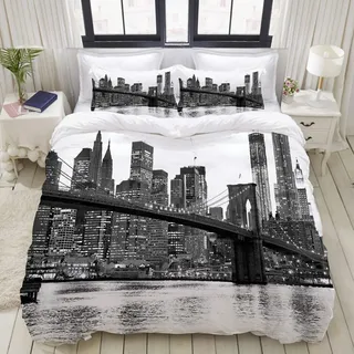 SnowXXL Bettwäsche-Set, Mikrofaser,Brooklyn Bridge- und Manhattan-Skyline nachts, New York City,1 Bettbezug 135 x 200cm + 2 Kopfkissenbezug 80x80cm