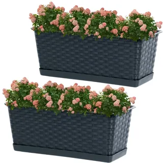DTU24 2er Set Balkontopf mit Untersatz, Pflanzkasten, Balkonkasten mit Wasser Öffnungen, Blumenkasten für Rosen, Oleander, Rattan Imitation (2 Stück, 40cm, Anthrazit)
