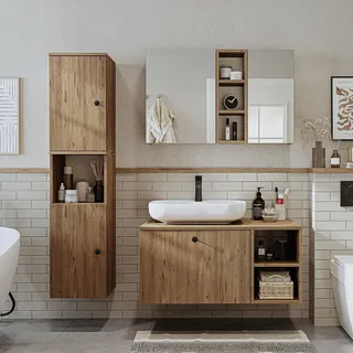 ROOMART Badezimmermöbel-Set Lotus II, 95 cm, 4-teilig – mit Keramik Waschbecken, Spiegelschrank, Unterschrank mit Seitenschrank – modernes Badmöbel Set (Eiche, Komplett-Set)