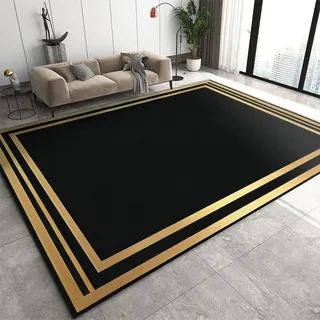 Schwarz Gold Rechteckig Rahmen Heimdekor-Teppich, 60x110cm, Luxus Nordisch Minimalistische Kunst KüChenteppich, Weich Faltbar Knitterfrei rutschfest Pflegeleichter Teppich für Familie
