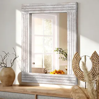 HLFMVWE Rechteckiger Spiegel, Wandspiegel mit rustikalem Holzrahmen, Vintage-Hängespiegel für Schlafzimmer, Badezimmer, Wohnzimmer, Bauernhaus, Wanddekoration, weiß, groß, 40 x 30 cm