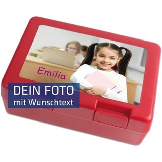 Brotzeitbox rot - 185 x 128mm - individuell mit Foto Bild & Text bedruckt - personalisiert - Brotbüchse für Schule, Kita, Picknick, Kindergarten - Brotdose für die Kinder - Vesperbox Lunchox