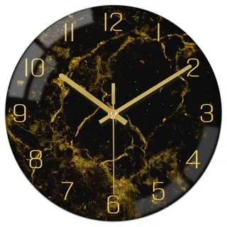 VIKMARI Schwarzes-Goldenes Modernes Marmor-Textur 30CM Wanduhr mit Golduhrenzeigern - Geräuschlos, batteriebetrieben, runde Quarzuhr - Rustikale Dekoration für Küche, Schlafzimmer, Wohnzimmer & Büro