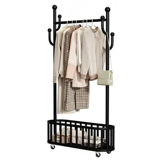 Kleiderständer auf Rollen - Garderobenständer mit Ablage & 4 Haken - Schwerlast Eisen, rostbeständig - Breite 100 cm - Schwarz