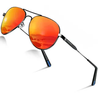 DADA-PRO Sonnenbrille Herren Polarisiert Pilotenbrille Damen Metallrahmen Retro Fliegerbrille UV400 Schutz Polarized Sunglasses Men Women (Rot/Verspiegelt)