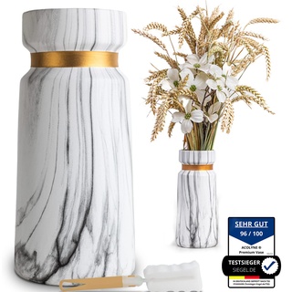 Acolyne® Vase für Pampasgras aus Hochwertiger Keramik [MIT REINIGUNGSSCHWAMM & EBOOK] als Moderne Blumenvase in Weiß-Gold | Bodenvase Groß in Marmor-Optik | Vase Weiß