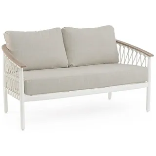 Feeling4Home Gartensofa 2-Sitzer Fenix - Aluminium & Seilgeflecht, inkl. Kissen, Off-White, Armlehnen aus Aluminium mit Holz-Effekt-Lackierung beige|grau 140 cm x 85 cm x 75 cm