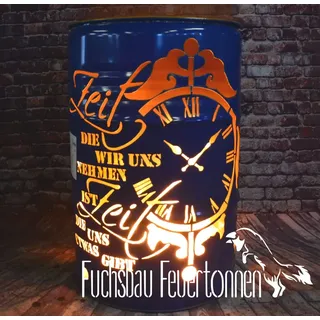 Fuchsbau Feuertonnen Feuertonne mit - Zeit - Motiv - Gefertigt aus 200L Ölfass - Besondere Feuerstelle für Garten und Terrasse - Hohe Feuerschale mit Rostoptik - 90 x 60 cm