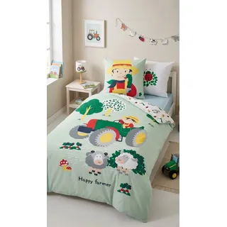 CTI Kinderbettwäsche Kinderbettwäsche Traktor Bauernhof Happy Farmer 135x200 cm Baumwolle, 2 teilig, Langlebig bunt