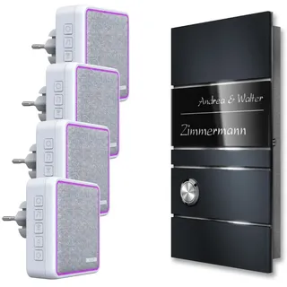 Metzler® Funkklingel Ava Slim mit Gravur und 4 Steckdosenempfängern, Anthrazitgrau RAL 7016, kabellos, bis zu 200 m Reichweite im Freifeld, V2A Edelstahl und Acrylglas, Aufputz, 11 × 20 cm