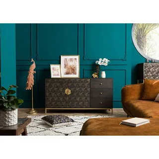 Kommode groß dunkel Vintage Echtholz Schrank Sideboard massiv Eisen gold