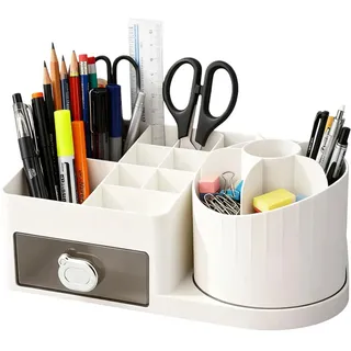 Drehbarer Schreibtisch-organizer Mit 15 Fächern + 1 Schublade, 360° Drehbarem Stiftehalter Zur Aufbewahrung Von Schulmaterialien, Make-up Und Büroaccessoires (weiß)