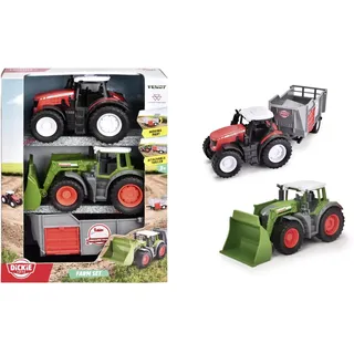 Dickie Toys - Bauernhof-Fahrzeuge Farm-Set (3er-Set) - Fendt und Massey Ferguson Traktor mit Anhänger, Spielzeug-Autos mit Freilauf und beweglichen Teilen für Kinder ab 3 Jahre