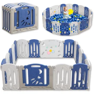 SUBTLETY Laufstall Baby Faltbar Laufgitter aus Kunststoff Kindersicherheits Laufstall mit Tür und Spielzeugboard Indoor Baby Aktivitätszentrum Playpen für Kleinkinder (16+2 Paneele, Blu+Weiß)
