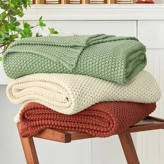 Longhui Bedding, dick gestrickte leichte Decke, hellgrün, 130 x 160 cm, 100% Bio-Baumwolle, für Sofa, Bett, Babyzimmer, rustikal, Shabby Chic, moderner Landhausstil, mit Waschbeutel