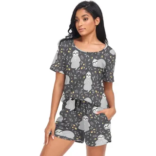 YOUJUNER Schlafanzug Damen Kurz Lustiges Faultier-Muster Pyjama Set Sommer Kurzarm Pyjamaset Nachtwäsche Zweiteiliger Hausanzug Sleepwear Loungewear - XXL