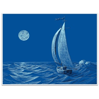 wandmotiv24 Poster Meer, Boot, Mond, Kunst & Gemälde (1 St), Wandbild, Wanddeko, Poster in versch. Größen blau 40 cm x 30 cm x 0.1 cm