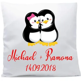 Kissen mit Namen Hochzeit Pinguine 40x40 cm inkl. Füllung Kuschelkissen Liebe Jahrestag, Kissen Farbe:Vorderseite weiß/RS rot
