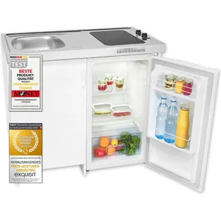 Exquisit Mini-Küche KK2085 weiss | Kühlschrank mit 76 l Nutzinhalt | Glaskeramik-Kochfeld | Edelstahl-Spüle | Spülschrank - Weiß