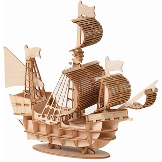 Pssopp Holz-DIY-Segelschiff-Spielzeug-Puzzle-Montagemodell, Lebensechtes Aussehen, Glatt und Robust, Geeignet für Kinder und Erwachsene (Khaki)