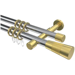 INTERDECO Gardinenstange Prestige Tanara, Ø 20 mm, 2-läufig, Fixmaß, kürzbar, Wandmontage, Metall, Chrom / Messing-Optik / Bicolor silberfarben Ø 20 mm x 140 cm