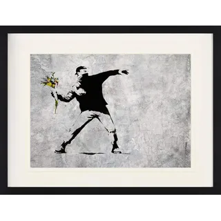 1art1 Banksy Poster Der Blumenwerfer, Graffiti Streetart Gerahmtes Bild Mit Edlem Passepartout | Wand-Bilder | Im Bilderrahmen 80x60 cm