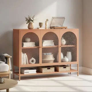 Wohnzimmer-sideboard, Aufbewahrungsmöbel Mit 3 Gewölbten Glastüren Und Offenem Regal, 140 X 40 X 105 Cm, Edelstahl