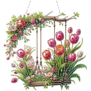 Generisch DIY Diamond Painting Blumen Owl Vogel Anhänger Mit Kette Diamond Painting Aufhängen Fensterbilder Diamant Painting Türkranz Girlande für Wand Und Eingang Dekoration-Tulpen schaukel