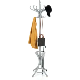 HOMASIS 184 cm Kleiderständer, Garderobenständer mit 12 Haken & Schirmständer, Jackenständer Garderobe aus holz für Mänteln, Hüten & Taschen, Standgarderobe für Schlafzimmer & Flur (Grau)
