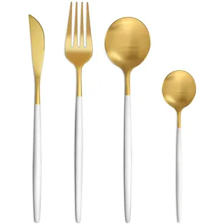 Bestdin Besteck Set 6 Personen, 24 teilig Besteck Weiß Gold Matt, Essbesteck Set mit Messer Gabel Löffel, Hochwertiges Edelstahl Besteckset, Spülmaschinenfest