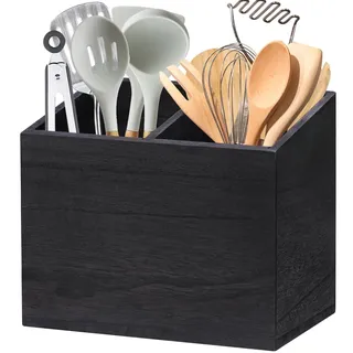 RJMKD Küchenutensilien-Caddy aus Holz mit 2 Fächern, rustikaler Küchenutensilienhalter für Küchenarbeitsplatte, Holz-Utensilienbehälter, Organizer-Box für Bauernhaus-Küchendekoration (schwarz)