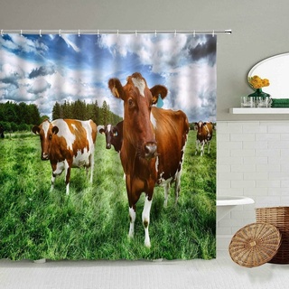 Duschvorhang 180x200 Kühe Duschrollo Wasserabweisend Anti-Schimmel mit 12 Duschvorhangringen, 3D Bedrucktshower Shower Curtains, für Duschrollo für Badewanne Dusche