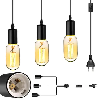 Pendelleuchte 3-flammig, Einstellbar Hängelampe mit Stecker 4.8M, DIY Lampenfassung mit Kabel, E27 Lampenfassung für Esszimmer, Küche, Wohnzimmer, Flur, Treppe und Schlafzimmer(Schwarz)