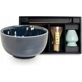 Matcha-Set: Besen, Schale & Halter, Ø13cm×H7cm Set - Floral Blau