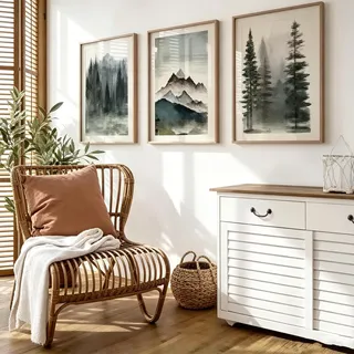 AMOSIJOY 3‐teiliges Wandbild Berg Wald Set, Aquarell Nebel Tannen Landschaft Poster, Skandinavische Wanddekoration für Wohnzimmer Schlafzimmer ohne Rahmen (21x30cm)