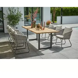 Sunfun Maja Gartenmöbel-Set  (8 -tlg., Baumkante/U-Gestell, Teak/Edelstahl/Seilgeflecht, Teak/Grau/Beige)
