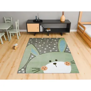 AKCILA Lima Kinderteppich Grün Hase 100x150 cm Kinderzimmer Teppich, Spielteppich Kinder Babyzimmer Tepich, Teppich Schlafzimmer,Teppiche Gegend, Kids Carpet,Kurzflorteppiche für Mädchen und Jungen