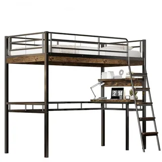 REDOM Kinderbett Hochbett Eisenbett Metallbett Jugendbett Gästebett Einzelbett (mit Schreibtisch, Regalen und Geländer – Robuster Eisenrahmen für Kinderzimmer, Platzsparendes Design für Jugendliche und Studenten, 90x200 cm), Ohne Matratze schwarz