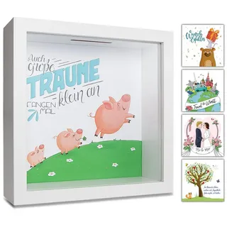 GLÜCKSWOLKE Spardose mit 9 Motive zur Auswahl, (Wunscherfüller, Dream Big, Lebensbaum, Travel, Hochzeit, Sparschwein, Mäuse, Monster, Dschungel, Kinder), Geldgeschenke Verpackung für Geburtstag I Sparbüchse Junge & Mädchen weiß
