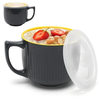 Suppentassen mit Henkel, 900ml Suppenschüssel mit Deckel, Mikrowellen Keramik Suppentasse, Ramen Schüssel, Kaffeetasse Groß, Nudelschüssel, Instant Nudeln Bowl Suppenschale (Grau)
