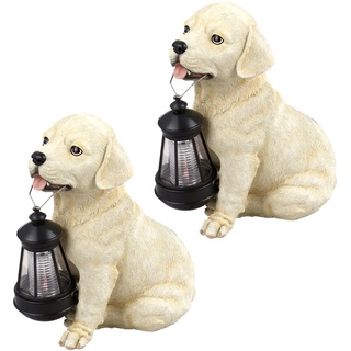 Solarleuchte Solarlampe Außenleuchte Gartenlampe Hund, Akku Wetterfest IP44, Hundfigur mit Laterne, beige weiß, 1x LED 0,06W, HxLxB 25x15,5x23,5cm, 2er Set