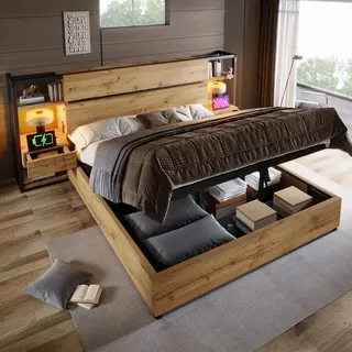 Flieks Hydraulisches Stauraumbett Jugendbett 180x200cm mit Usb & Type C, Doppelbett Holzbett mit Schubladen & Ablagen, Schlafzimmerset Naturbelassen - Naturbelassen