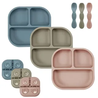 PandaEar 3 Stück Rutschfest Baby teller mit Saugnäpf und 3 Löffel, Unterteilt Kinderteller Set, Silikonteller Baby Saugnapf, Geteilte Esslernteller, BPA-frei