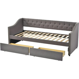 Merax Tagesbett 90x200 Polsterbett aus Leinen Schlafsofa Einzelbett mit 2 Schubladen & Lattenrost Grau